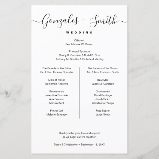 Black White bridal party Wedding Timeline list (正面)