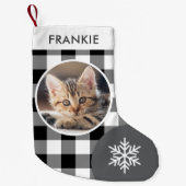 Black & White Buffalo Plaid Custom Photo and Name スモールクリスマスストッキング (正面)