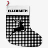 Black & White Buffalo Plaid with Reindeer Custom ラージクリスマスストッキング (正面)