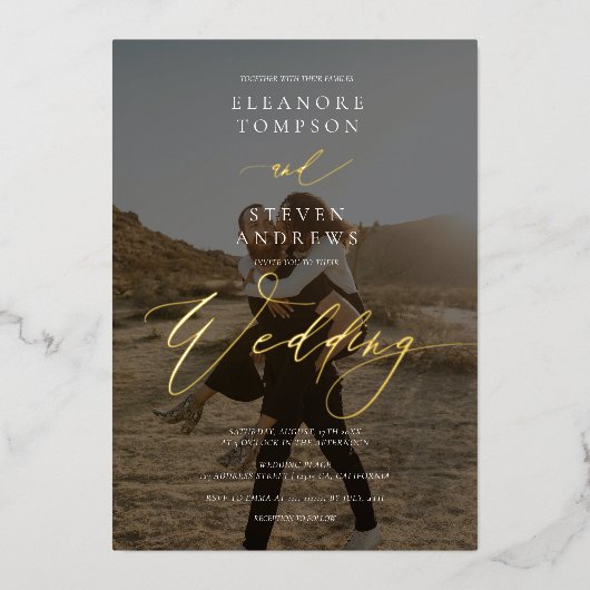 Black white calligraphy 2 photo minimalist wedding 箔招待状 (正面)