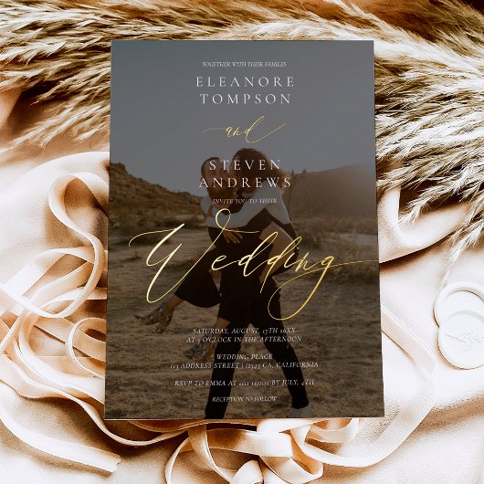 Black white calligraphy 2 photo minimalist wedding 箔招待状