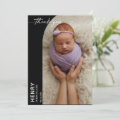 Black White Calligraphy Photo Baby Thank You Card 招待状 (スタンド正面)