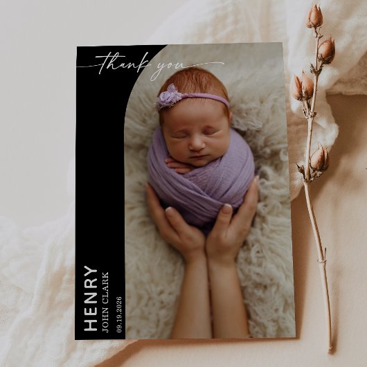 Black White Calligraphy Photo Baby Thank You Card 招待状