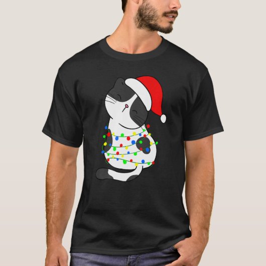 Black White Cat Christmas Tree Lights Santa Hat Ca Tシャツ (正面)