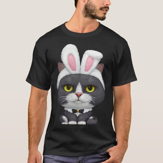Black & White Cat in the Easter Bunny Costume Tシャツ (正面)