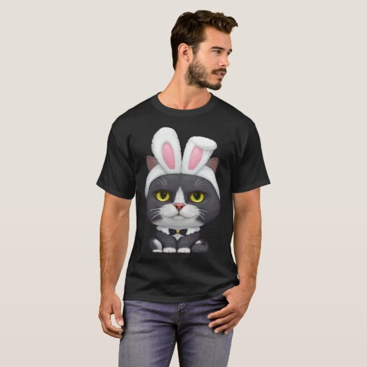 Black & White Cat in the Easter Bunny Costume Tシャツ (正面フル)