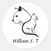Black & White Cat Line Art with Personalized Name ラウンドシール (正面)