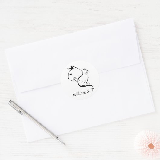 Black & White Cat Line Art with Personalized Name ラウンドシール (封筒)