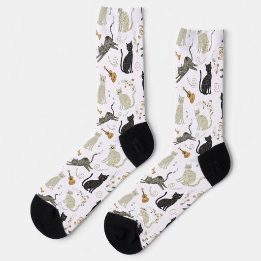 Black & White Cat Music Notes Socks ソックス (左)