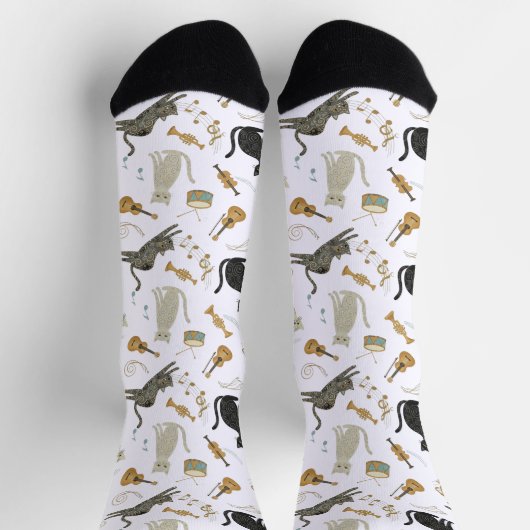 Black & White Cat Music Notes Socks ソックス (上部)