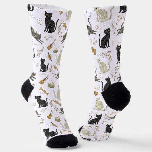 Black & White Cat Music Notes Socks ソックス (傾斜あり)