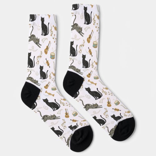 Black & White Cat Music Notes Socks ソックス (右)