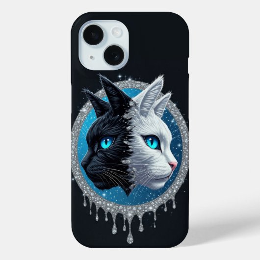Black White Cat Split Face ✨ Blue Eyes Striking  Case-Mate iPhoneケース (裏面)