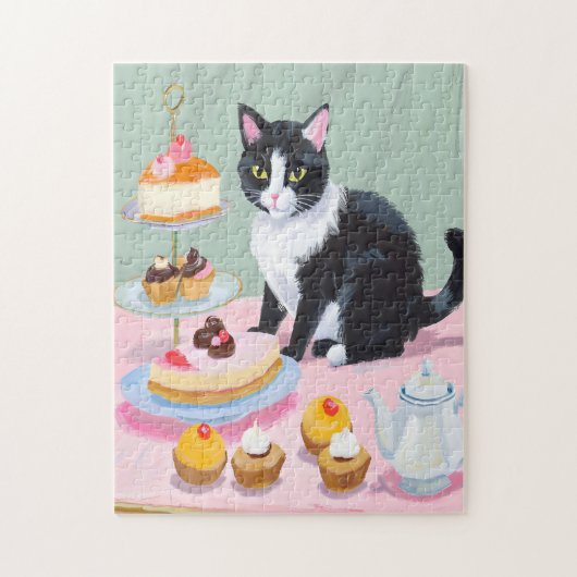 Black & White Cat, Tea and Pastries Jigsaw Puzzle ジグソーパズル (縦)