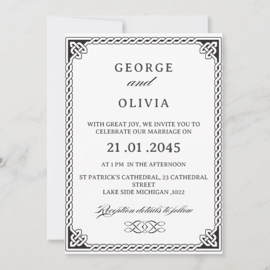 Black White Celtic Knot Wedding 招待状 (正面)