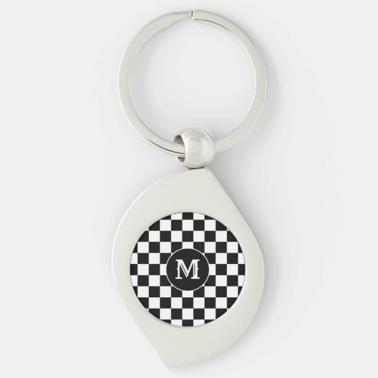Black White Checkered Keychain Capital Initial キーホルダー (正面)