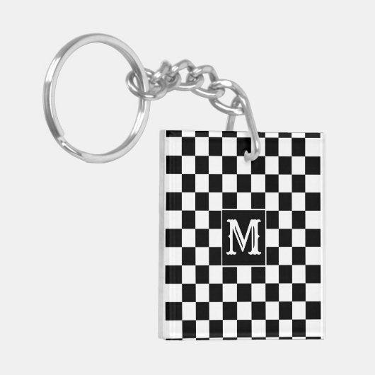 Black White Checkered Keychain Capital Initial キーホルダー (正面左)