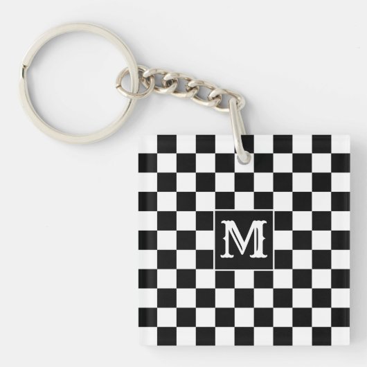Black White Checkered Keychain Capital Initial キーホルダー (正面)