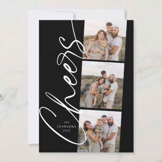 Black & White Cheers Elegant Script Christmas シーズンカード (正面)