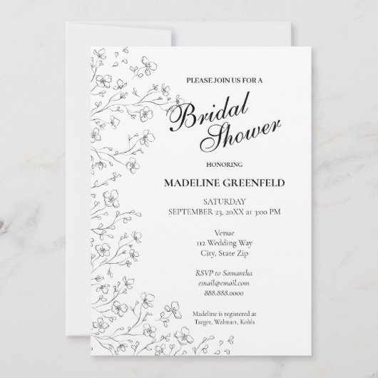 Black & White Cherry Blossoms Floral Bridal Shower 招待状 (正面)