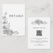 Black White Chic Botanical QR Code Wedding Details エンクロージャーカード (正面/裏面)