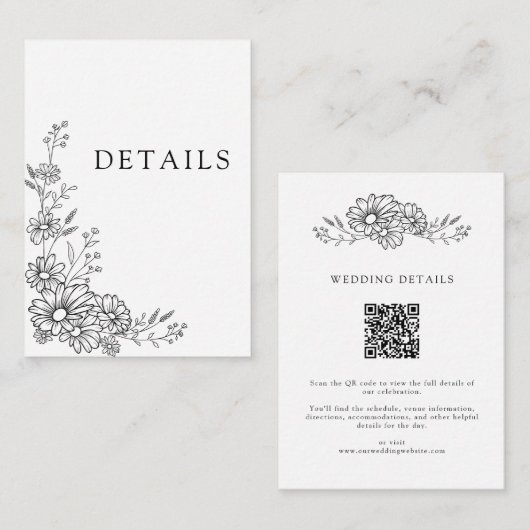 Black White Chic Botanical QR Code Wedding Details エンクロージャーカード (正面/裏面)