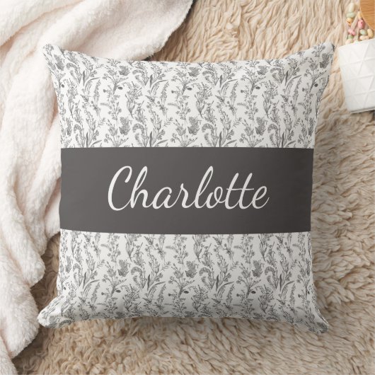 Black White Chic Toile Floral Custom Name クッション (ブランケット)