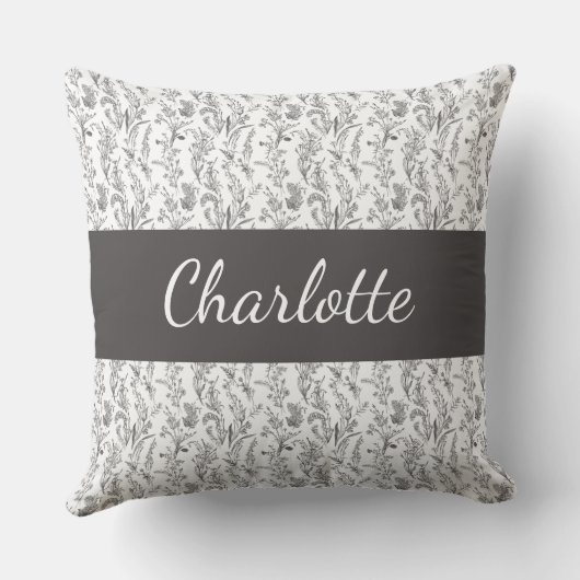 Black White Chic Toile Floral Custom Name クッション (裏面)