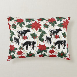 Black & White Christmas Holstein Dairy Cows Floral アクセントクッション