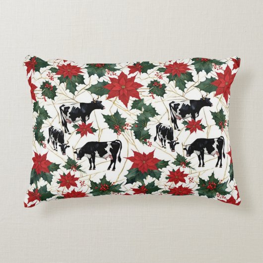 Black & White Christmas Holstein Dairy Cows Floral アクセントクッション (正面)
