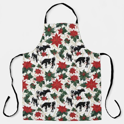 Black & White Christmas Holstein Dairy Cows Floral エプロン (正面)