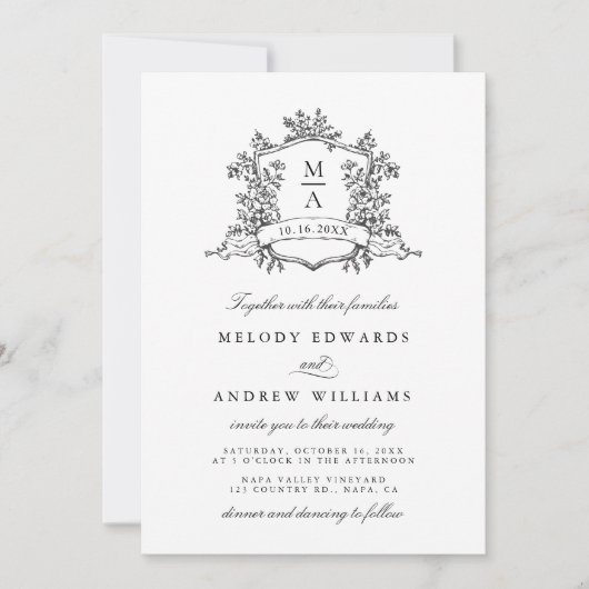 Black & White Classic Floral Crest Wedding 招待状 (正面)