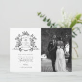 Black & White Classic Floral Crest Wedding Photo サンキューカード (スタンド正面)