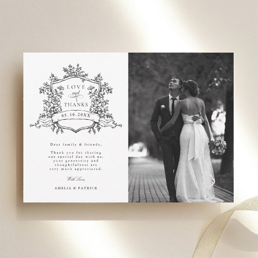 Black & White Classic Floral Crest Wedding Photo サンキューカード