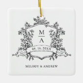 Black & White Classic Floral Crest Wedding Photo  セラミックオーナメント (正面)