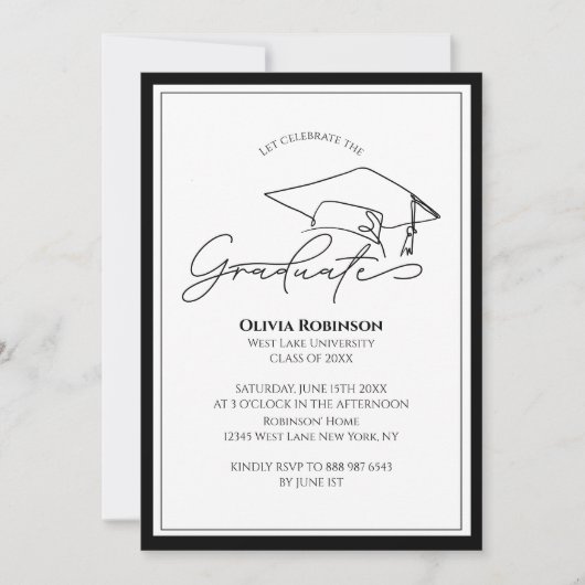 Black White Classic Graduation cap typography 招待状 (正面)