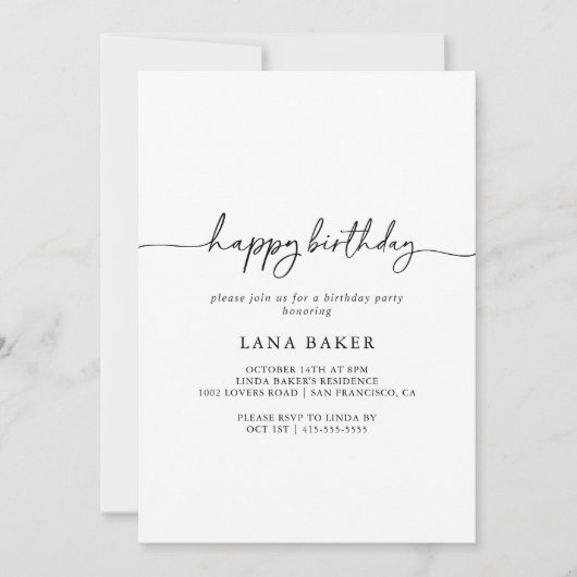 Black White Classic Happy Birthday Party 招待状 (正面)