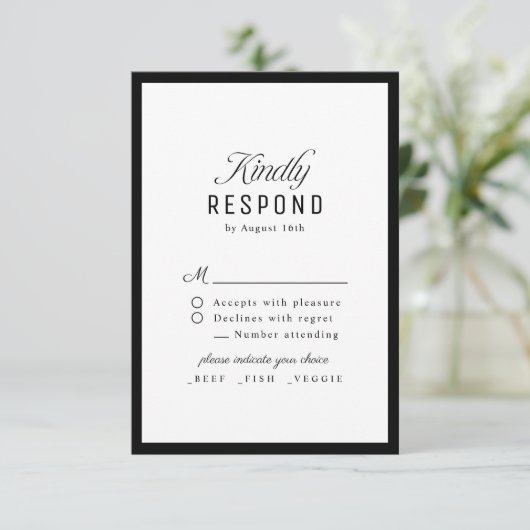 Black White Classy Script Elegant QR code Wedding 出欠カード (スタンド正面)