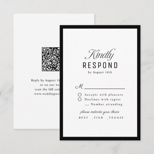 Black White Classy Script Elegant QR code Wedding 出欠カード (正面/裏面)