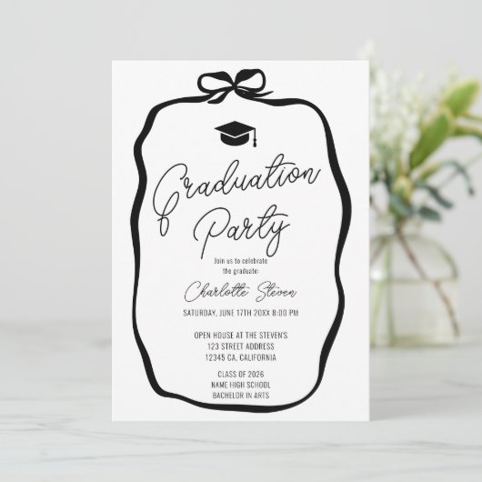 Black White Coquette Bow photo graduation 招待状 (スタンド正面)