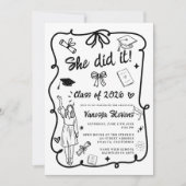 Black White Coquette Doodles photo graduation 招待状 (正面)