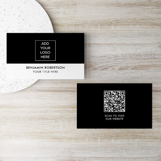 Black White Custom Logo QR Code Modern Simple 名刺