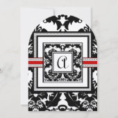  Black & White Damask Red Trim Monogram Wedding 招待状 (正面)