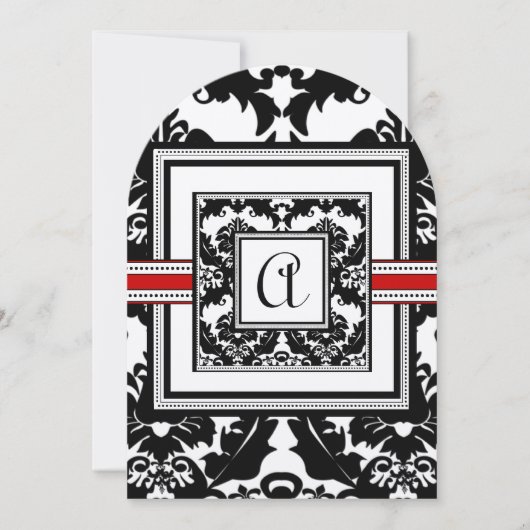  Black & White Damask Red Trim Monogram Wedding 招待状 (正面)