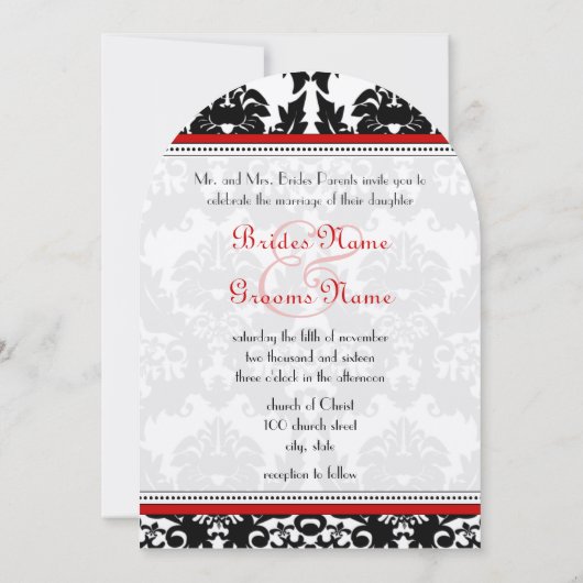 Black & White Damask Red Trim Monogram Wedding 招待状 (裏面)