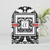 Black & White Damask Red Trim Monogram Wedding 招待状 (スタンド正面)