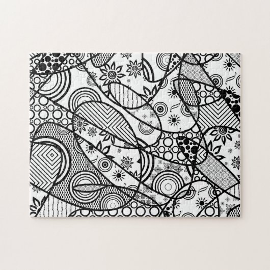 Black & White Doodle Pattern Patchwork 01 ジグソーパズル (横)