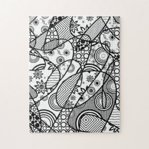 Black & White Doodle Pattern Patchwork 01 ジグソーパズル