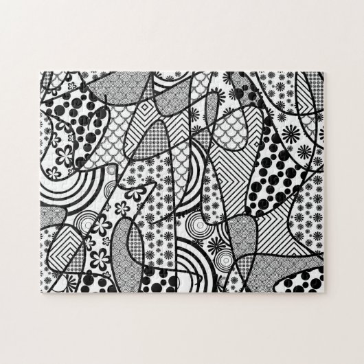 Black & White Doodle Pattern Patchwork 02 ジグソーパズル (横)