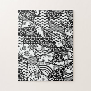 Black & White Doodle Pattern Patchwork 03 ジグソーパズル